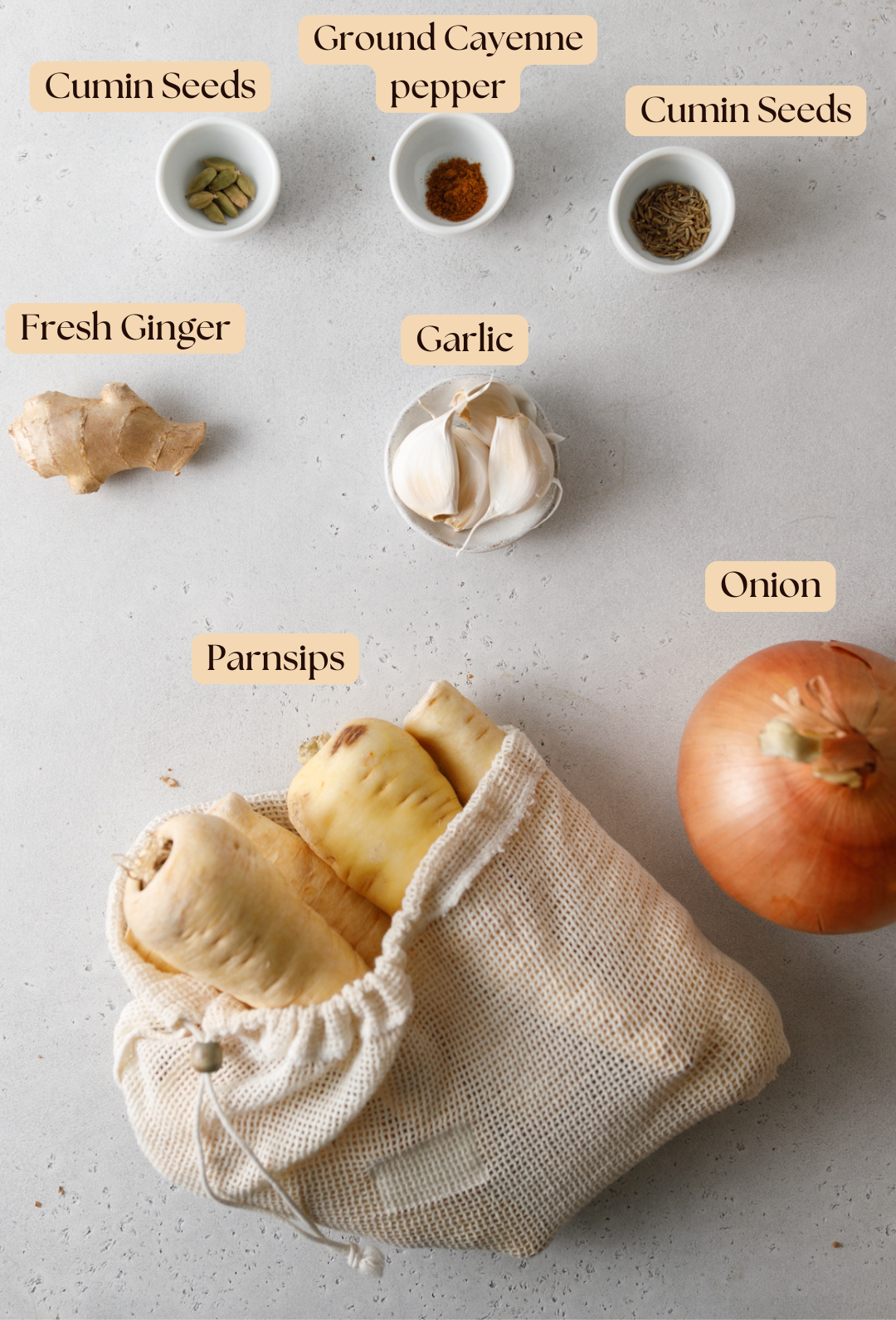 flatlay image of Parsnip & Ginger Soup Ingredients all labelled on a creamy grey backdrop 