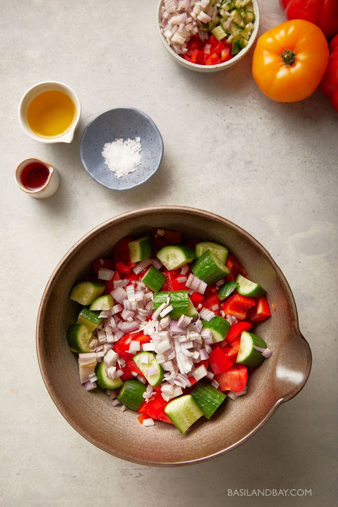 Chopped cucumbers, red pepper, and shallot in a bowl with salt, olive oil, and vinegar on the side
