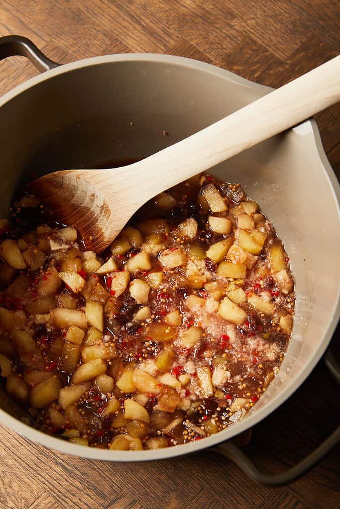 Image of part cooked chutney mixture in a large saucepan