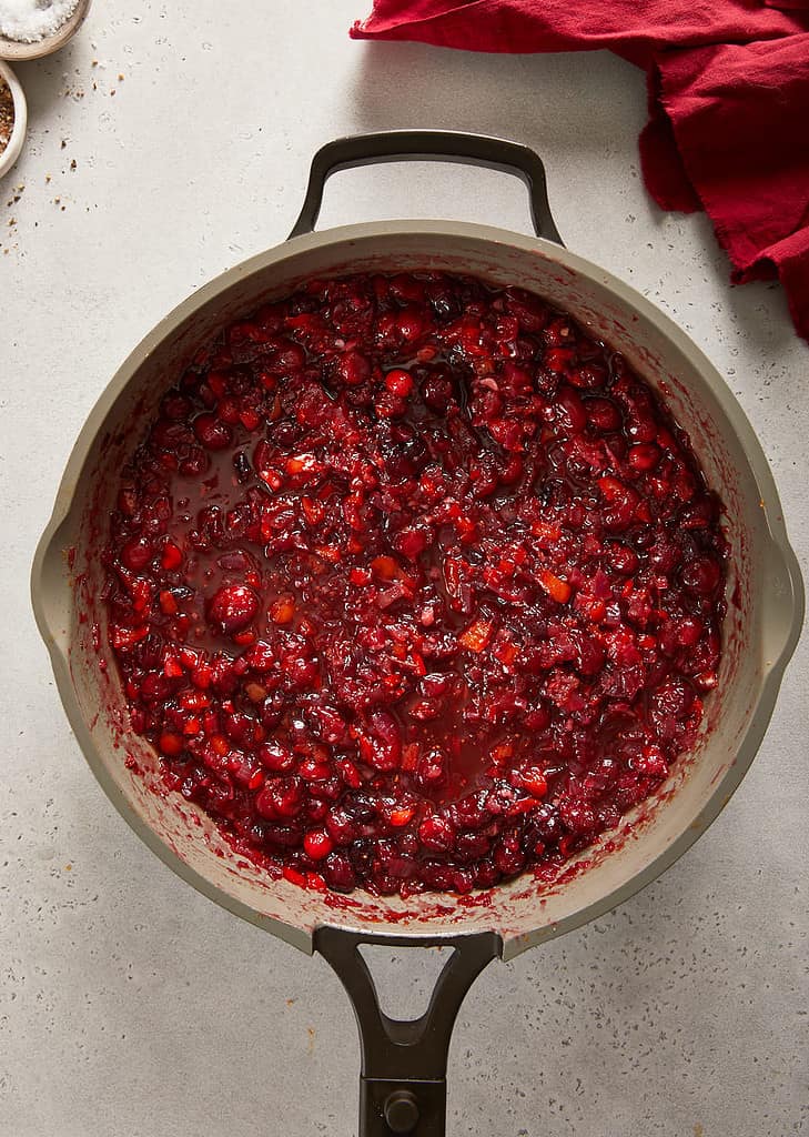 cranberry sweet chilli jam cranberries in pan after being cooked down