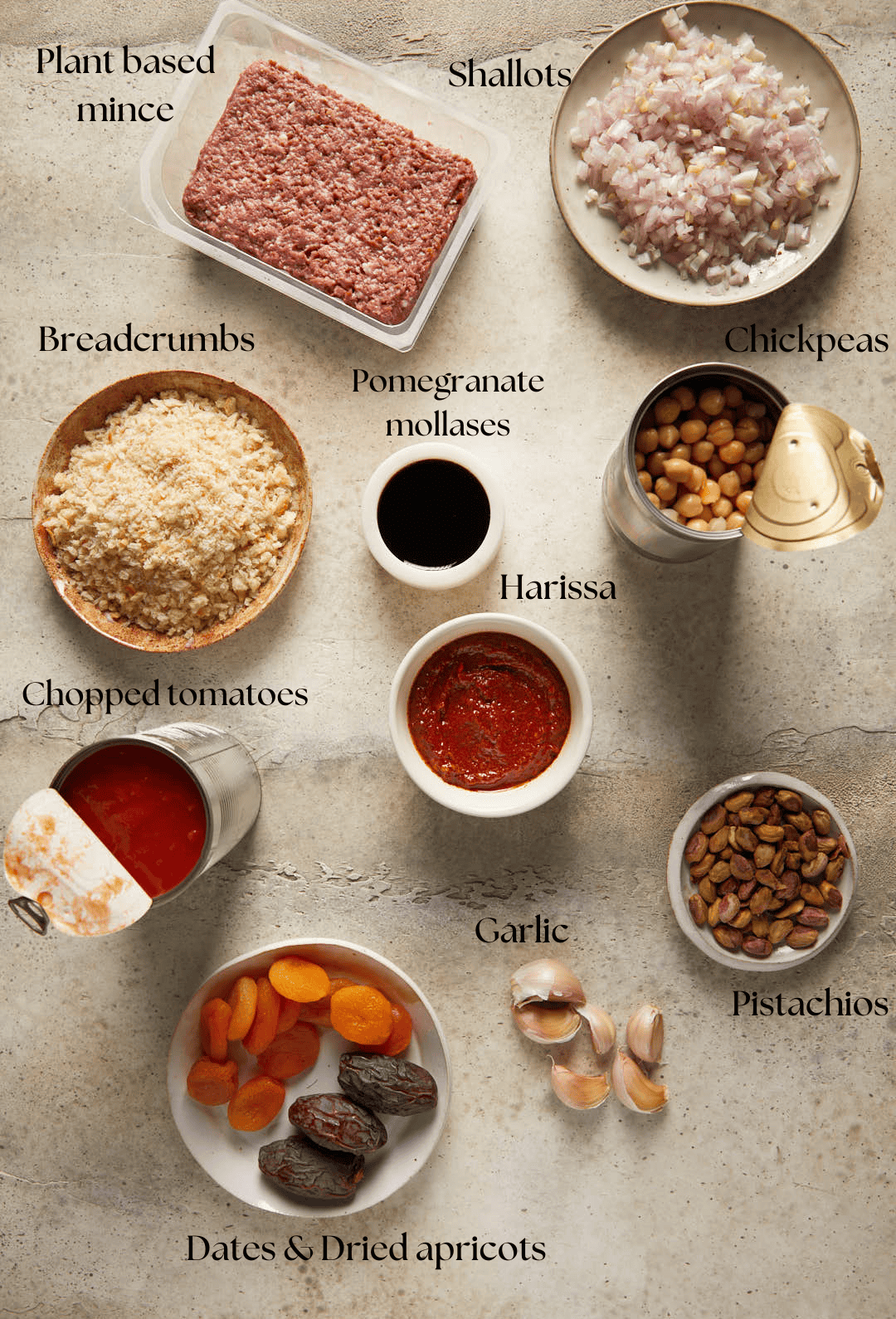 Flat lay of all the ingredients needed for Spicy harissa vegan meatballs