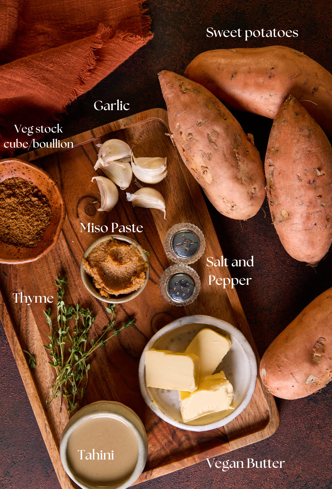 Ingredients shot for Vegan Sweet Potato Mash with Miso & Tahini