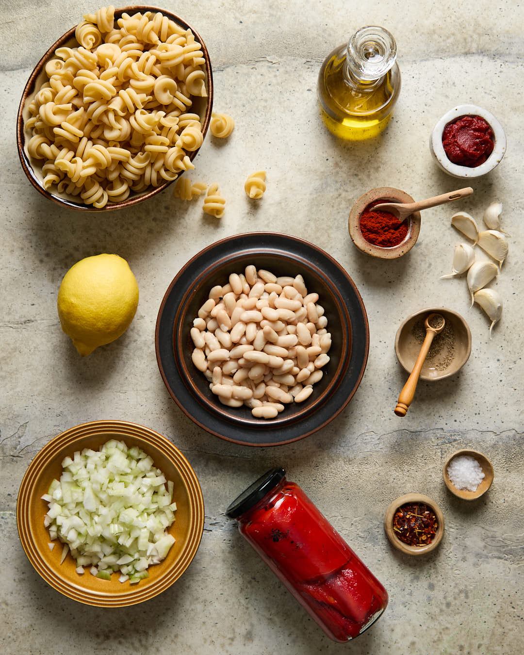 Vegan Roasted Red Pepper pasta Ingredients flat lay 