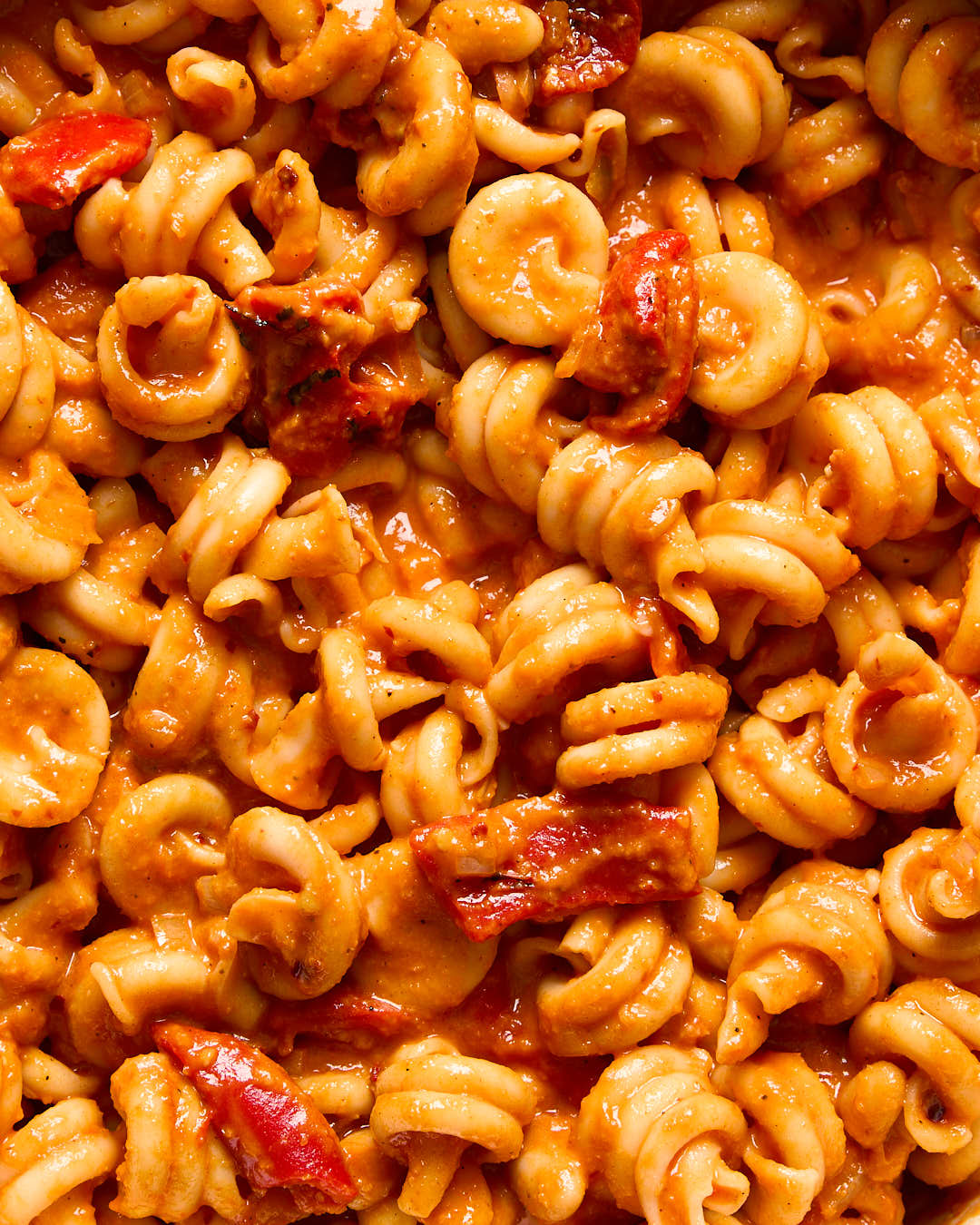 Close up macro shot of Vegan Roasted Red Pepper pasta