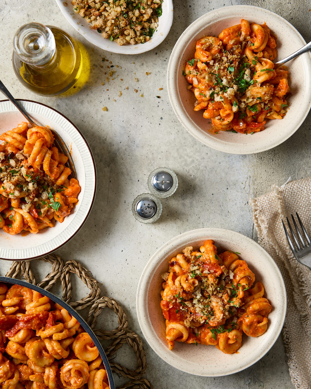 Vegan Roasted Red Pepper pasta table scene 