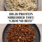 Before and after of shredded tofu turned into crispy, savoury vegan ground beef. A high-protein plant-based meat alternative made from marinated, oven-baked tofu.